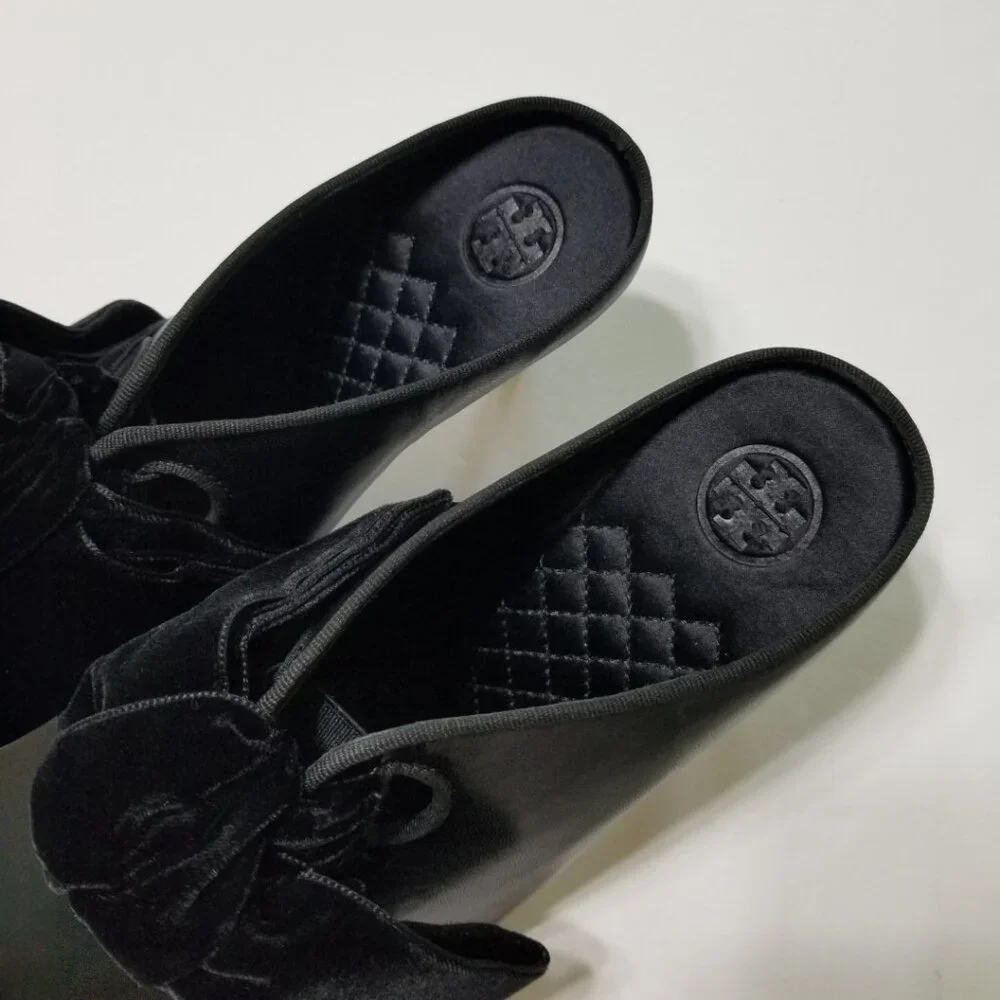 NWOB Tory Burch Clara Leather Mule w. Velvet Bow, Pointed Toe, Perfect‎ Black